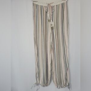 Surf Gypsy Striped Boho Ankle Pants Drawstring Crochet Waist Coastal Beachy M